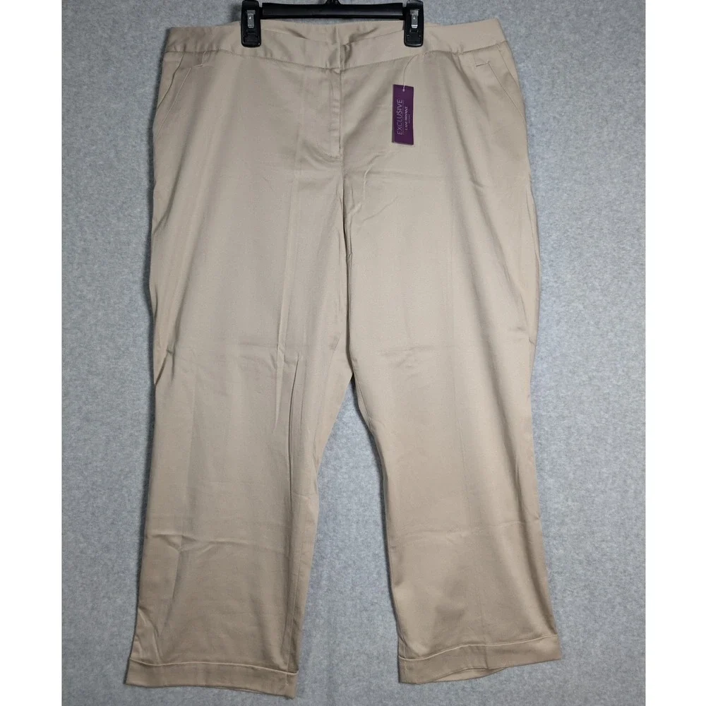 Lane Bryant Womens Trousers Size 18 Khaki Beige Cotton Stretch Cuffed Cropped - Picture 1 of 12